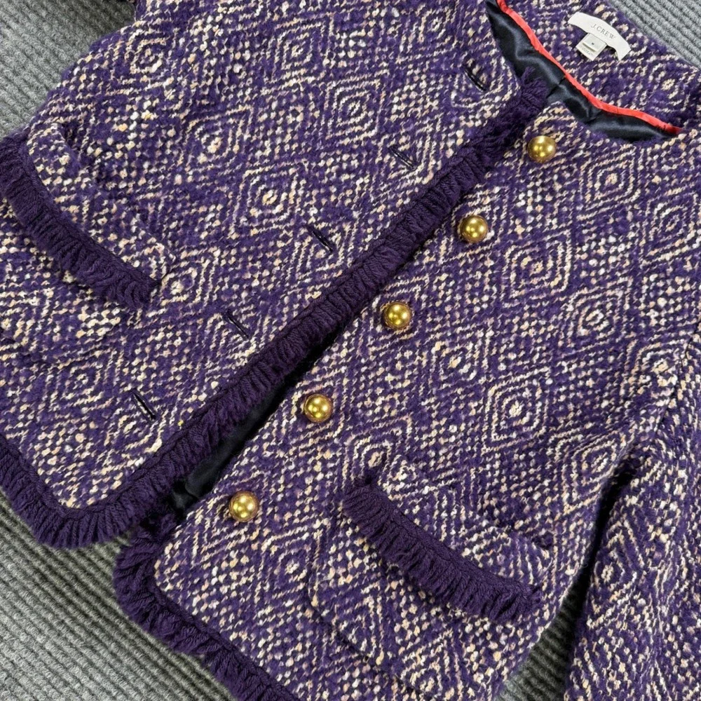 J.Crew Purple‎ Diamond Tweed Jacket Womens 6 Gold Button Fringe Trim Wool Blend - Picture 5 of 13
